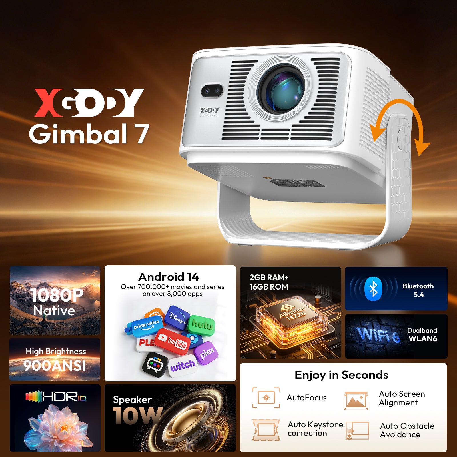 XGODY Gimbal 7 Portable Short-throw Projector, Android 14.0 System 8K Support