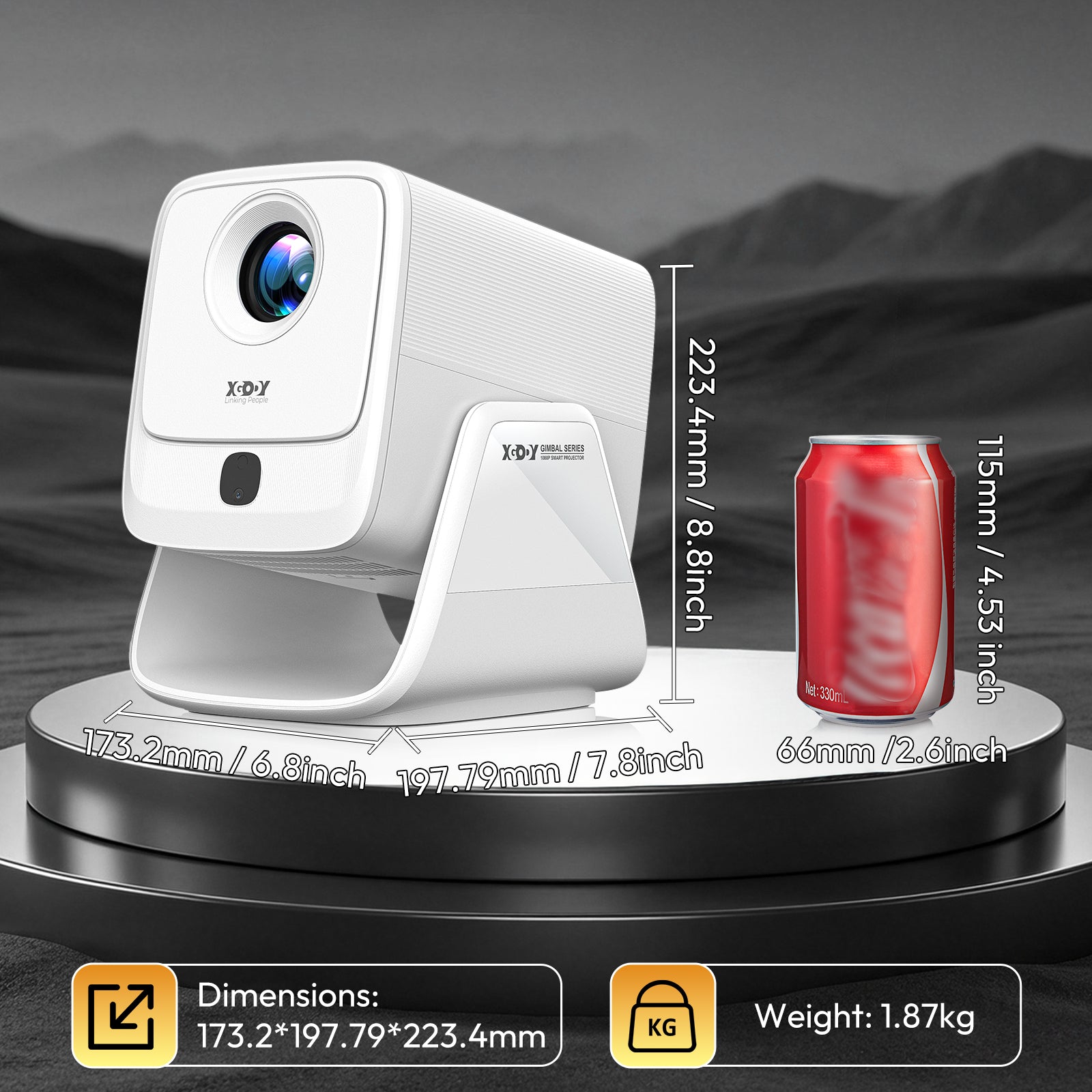 Gimbal A7 Portable Projector Android 14 With Native 1080P 8K Decoding 16GB 90° Rotation