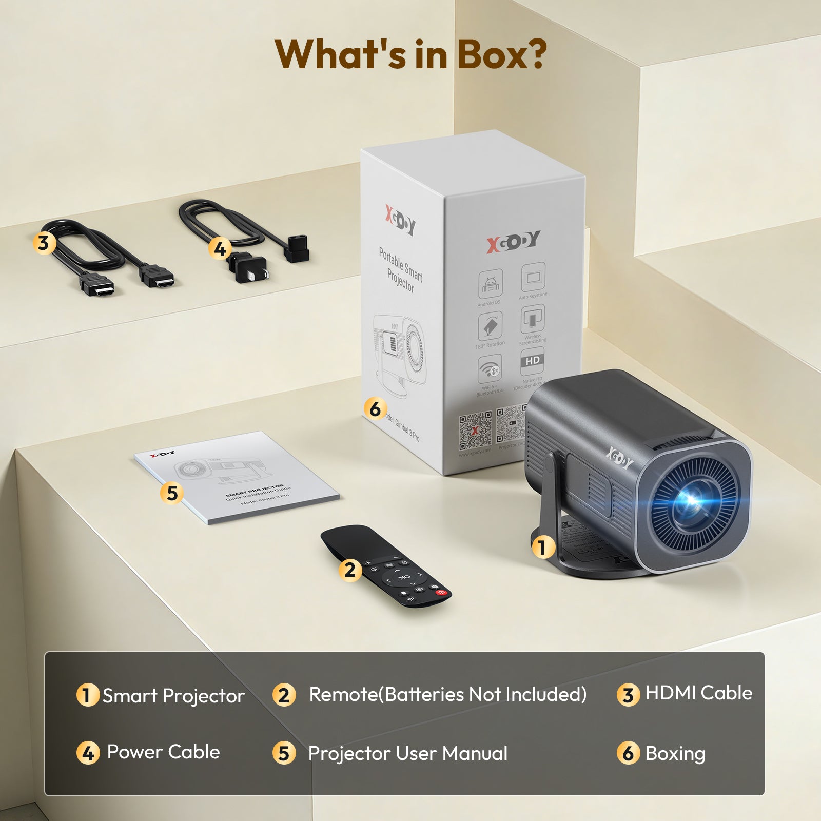 Gimbal 3 Pro Portable Projector With Native 720P WiFi 6 & Bluetooth 5.4 8GB 180° Rotation