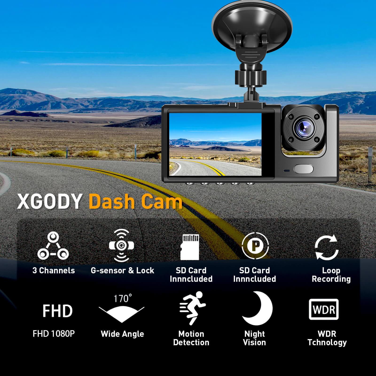 Cost-effective and Most worthwhile XGODY 3 Channel Dash Cam, FHD 1080P Dash Camera, 32GB Night Vision Loop Recording - XGODY