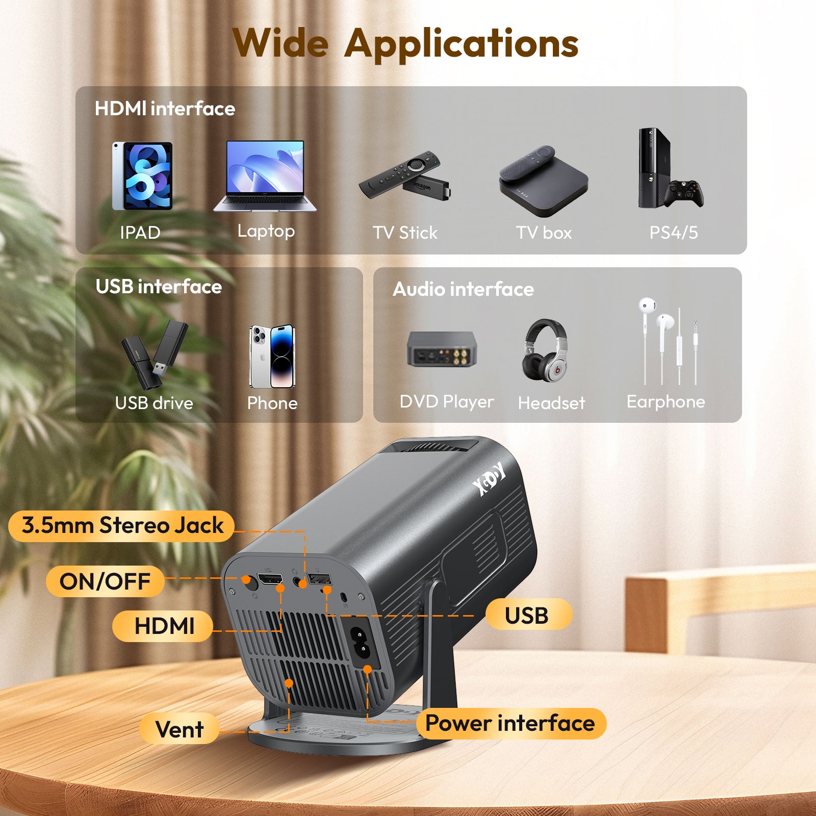 Gimbal 3 Pro Portable Projector With Native 720P WiFi 6 & Bluetooth 5.4 8GB 180° Rotation