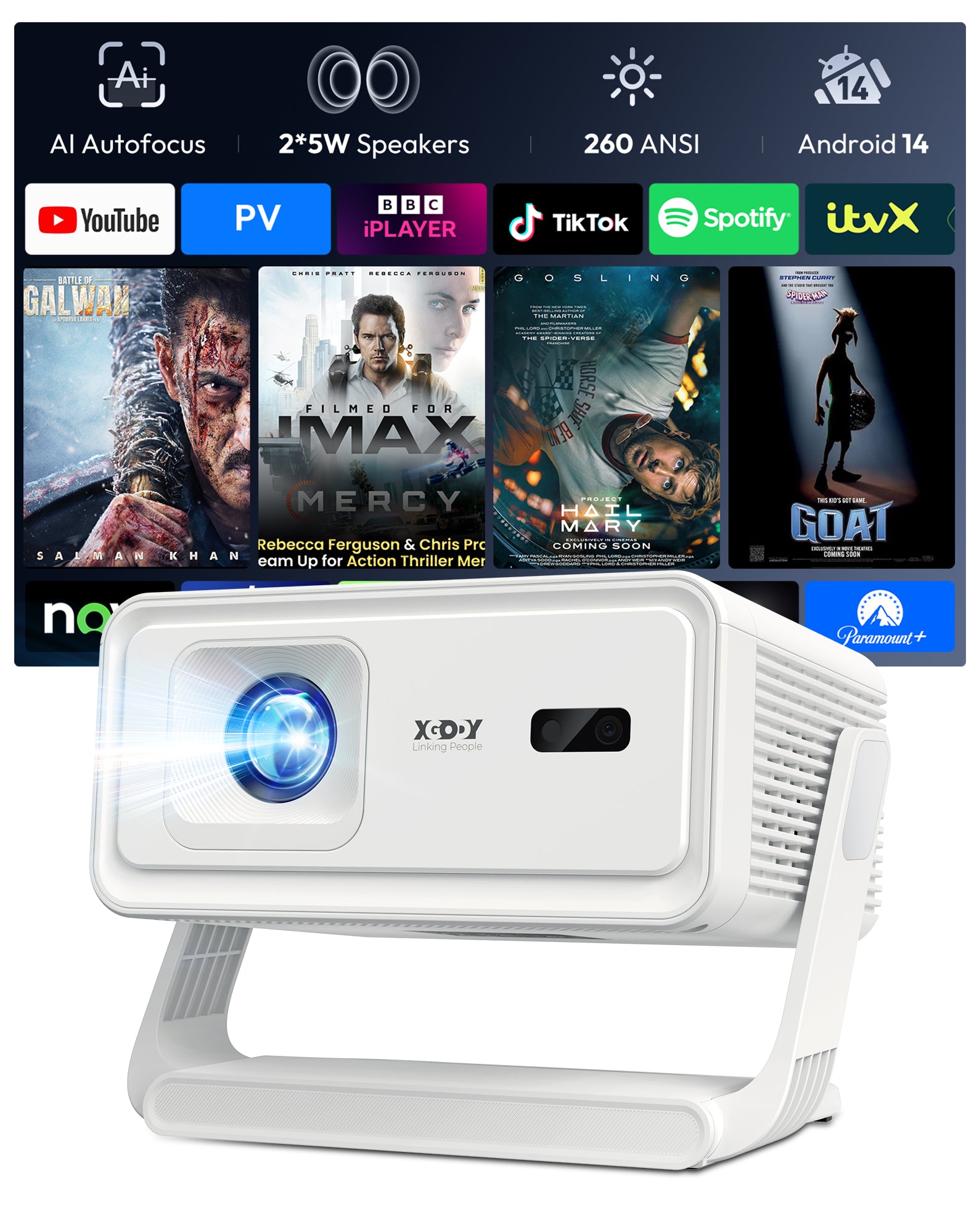 XGODY Gimbal A1 Smart Projector - Android 14, WiFi 6, Bluetooth 5.4 | Auto Focus & 6D Auto Keystone | 4K Supported 1080P Portable Movie Projector
