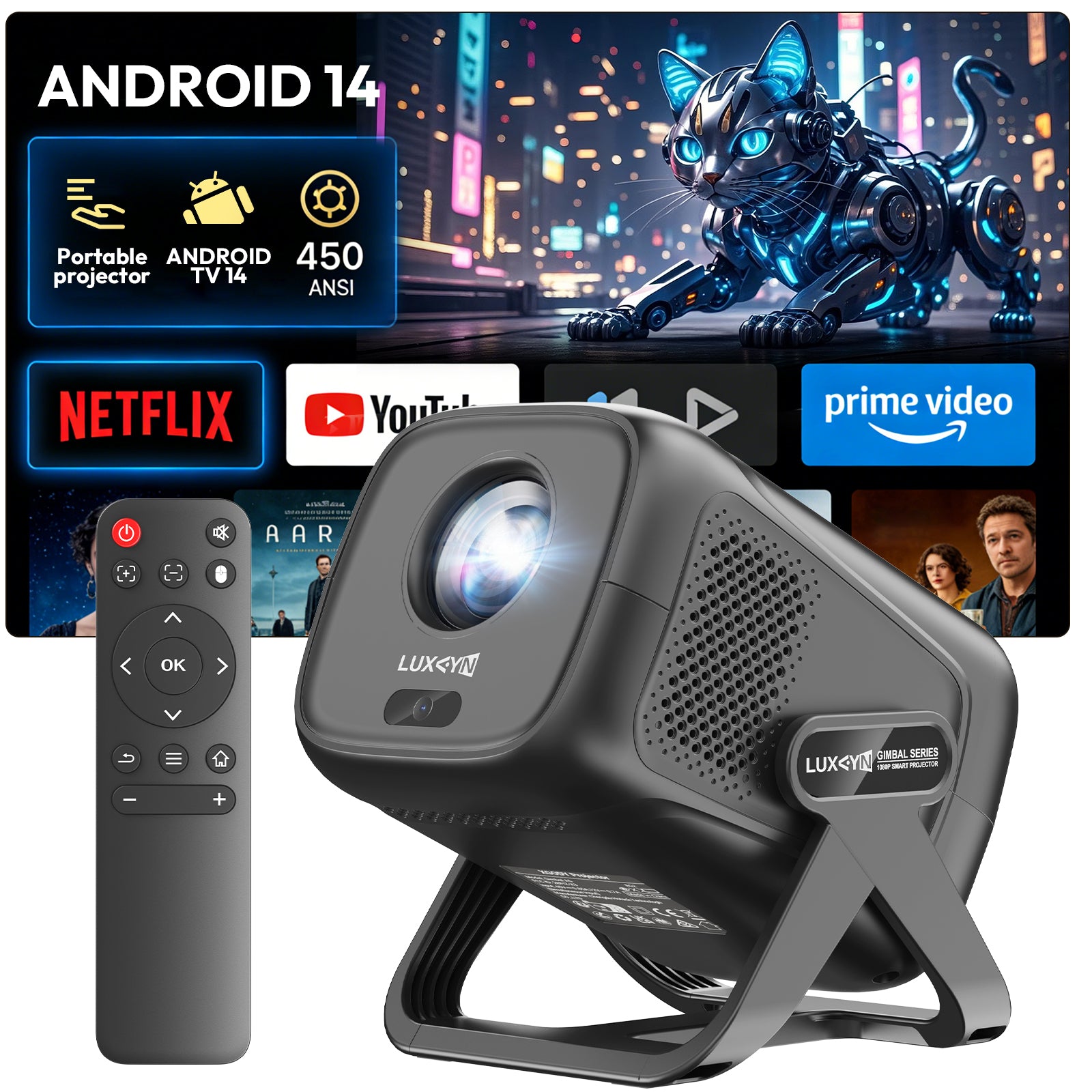 XGODY A5 Smart Gimbal Projector - Native 1080P FHD, 450 ANSI, Android 14, Auto Focus & Keystone, 135° Rotation Portable Movie Projector