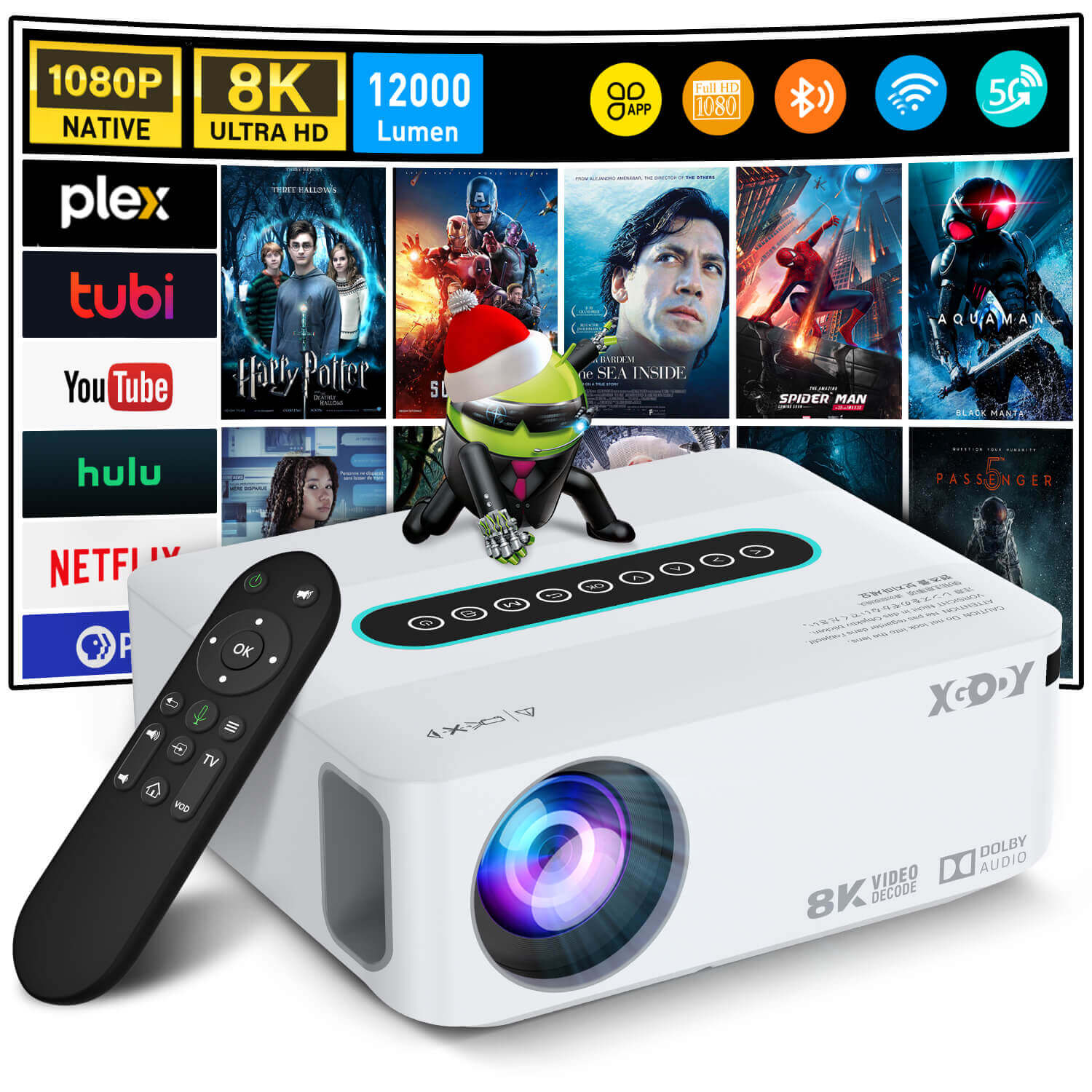 XGODY X1 | Native 1080P Projector 4K With Android 9.0 TV & Dolby Sound,  For Wireless Outdoor Movies Night