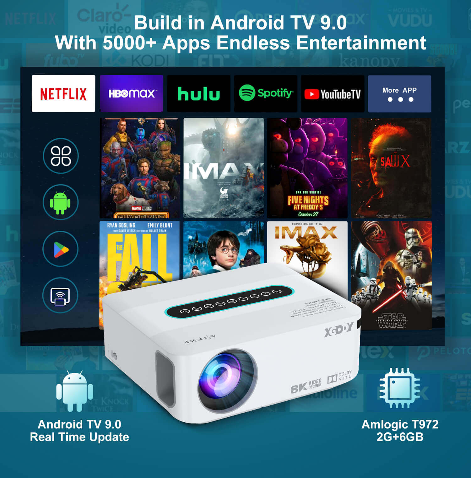 XGODY Nativer 1080P-Projektor 4K X1 mit Android 9.0-Fernseher und Dolby-Sound für drahtlose Filmabende im Freien