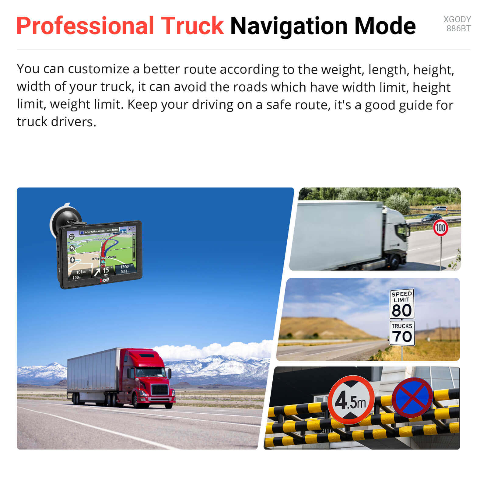 XGODY 886BT | 7-inch GPS Truck Navigator, Easy Raed Touchscreen Display, Custom Routing and Dock Guidance