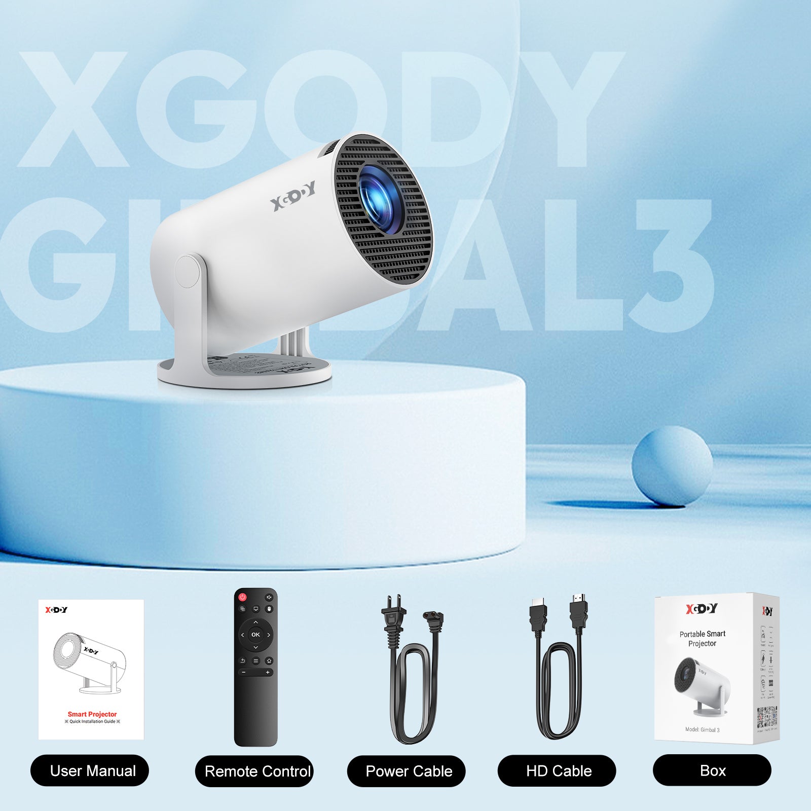 XGODY Gimbal 3 NEW Portable Short-throw Projector, Android 14.0 System 8K Support