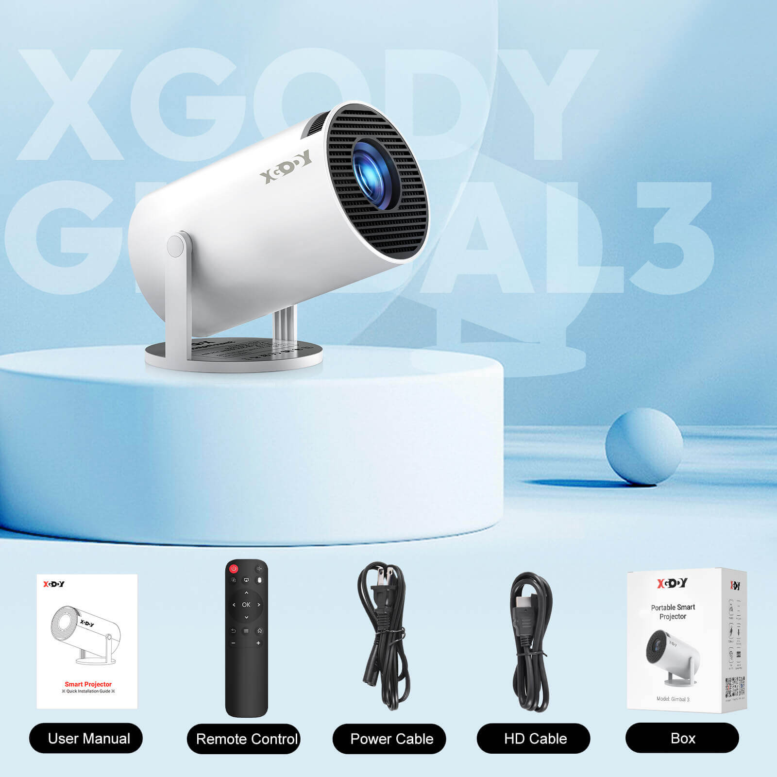 XGODY Gimbal3 Portable Short-throw Projector, Android 11.0 system With Bluetooth And Dual-band WiFi6