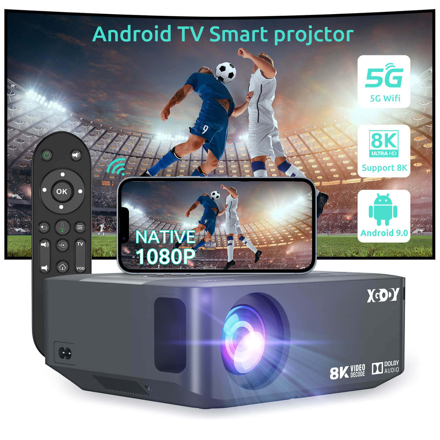 XGODY Nativer 1080P-Projektor 4K X1 mit Android 9.0-Fernseher und Dolby-Sound für drahtlose Filmabende im Freien